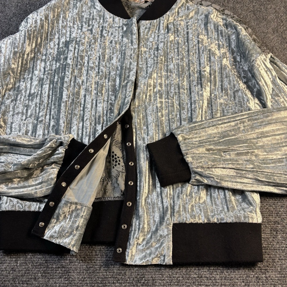 Willow & Root Jacket Women's Med Metallic Snap Buttons Sheer Lace Back‎ Bomber - Picture 2 of 6